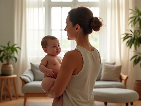 Image of a serene new parent gracefully managing childcare while focusing on personal well-being, depicting balance for parents 35+